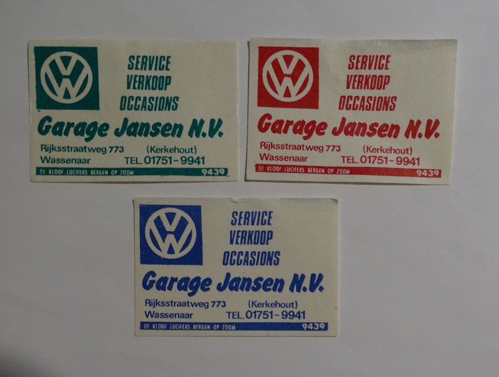 V W   GARAGE JANSEN  N.V.  service  verkoop    WASSENAAR, Verzenden, Zo goed als nieuw, Luciferdoosjes of -merken
