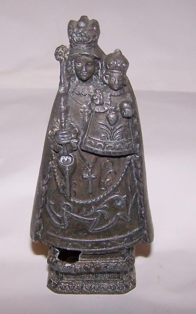 Antiek metalen beeldje Maria met kind. H. 10cm. Igs., Antiek en Kunst, Antiek | Religie, Ophalen of Verzenden
