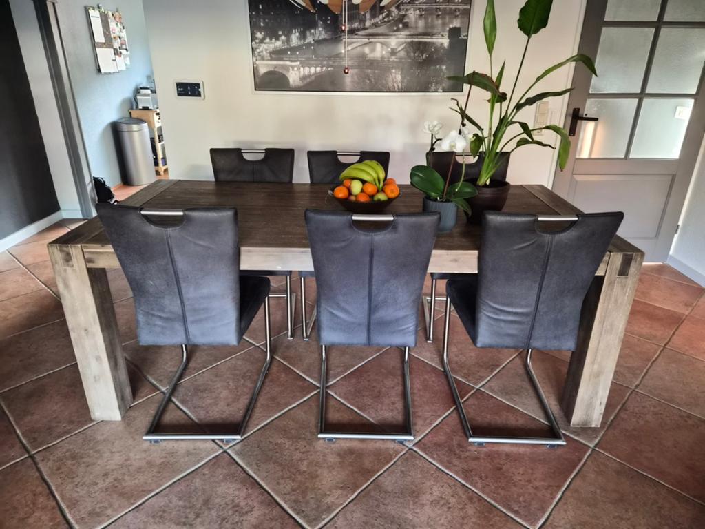 Teab: Robuuste eetkamertafel + 6 stoelen, Ophalen, Rechthoekig, 200 cm of meer, 50 tot 100 cm