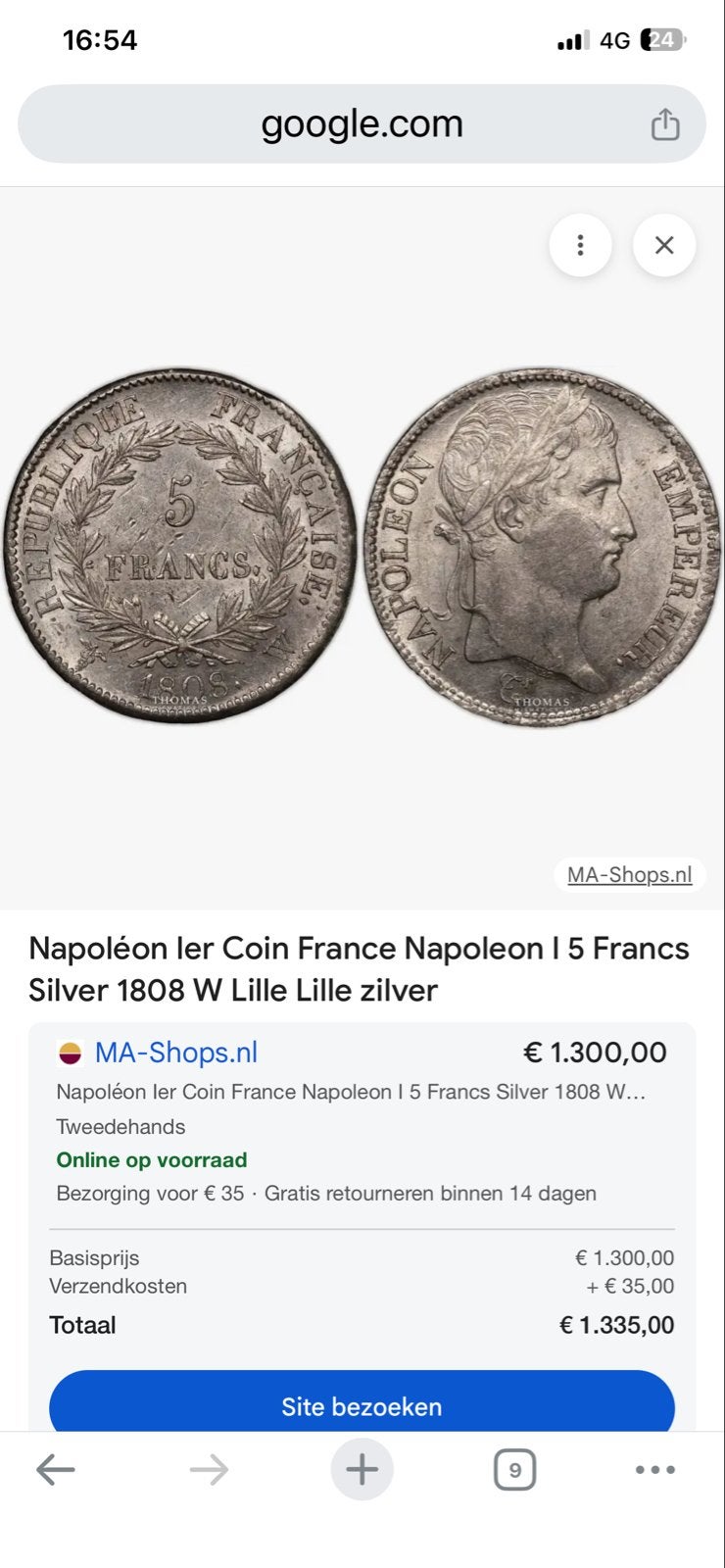 Napoleon I 1 Francs Zilveren Munt 1808 W Lille, Ophalen of Verzenden, Losse munt, Zilver