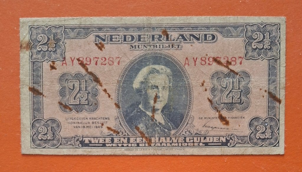 Muntbiljet 2,5 gulden 1945, 2 letters 4 mm, cat. PL16.b2, Verzenden, 2½ gulden, Los biljet