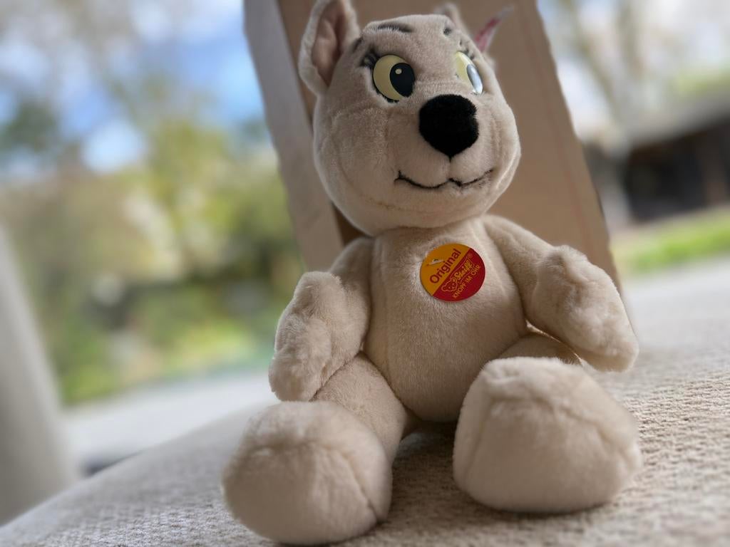 Leuke Steiff “Tom Poes” met doos, Ophalen of Verzenden, Gebruikt, Stoffen beer, Steiff