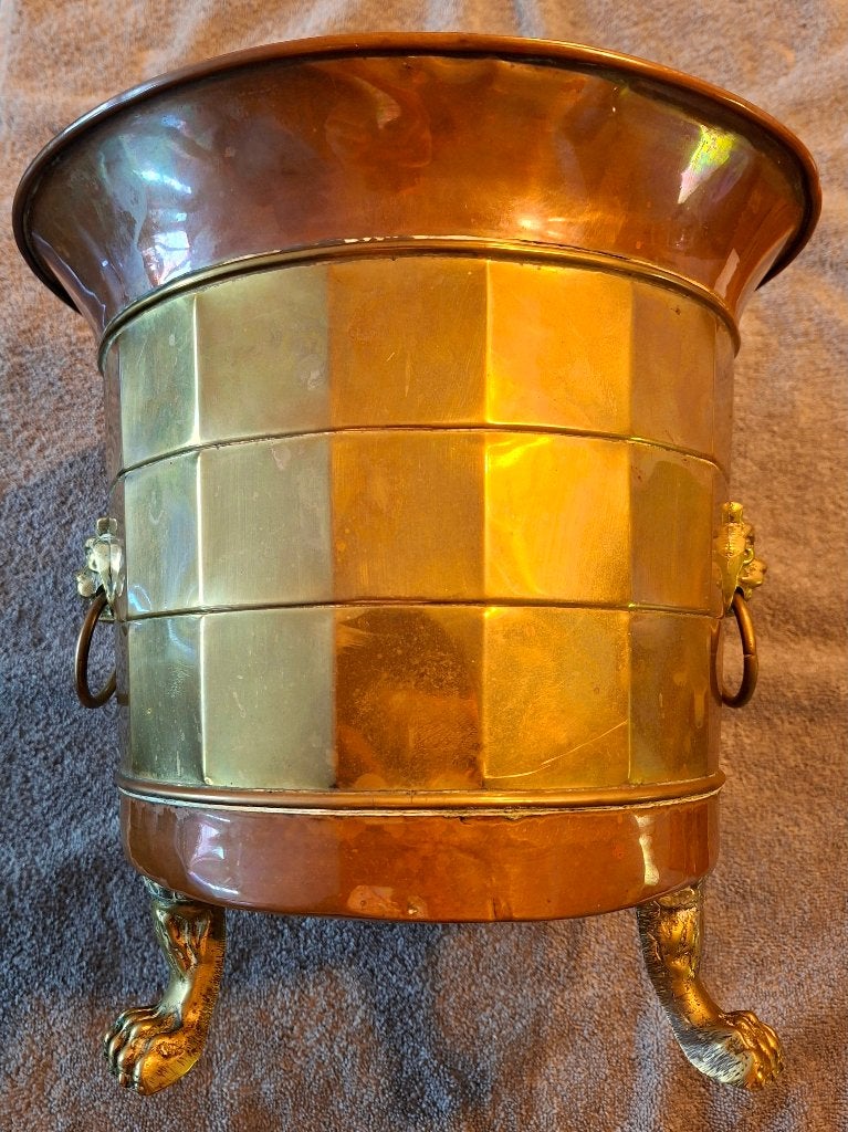 Vintage koperen/messing plantenbak met leeuwenkoppen, Antiek en Kunst, Ophalen of Verzenden, Koper