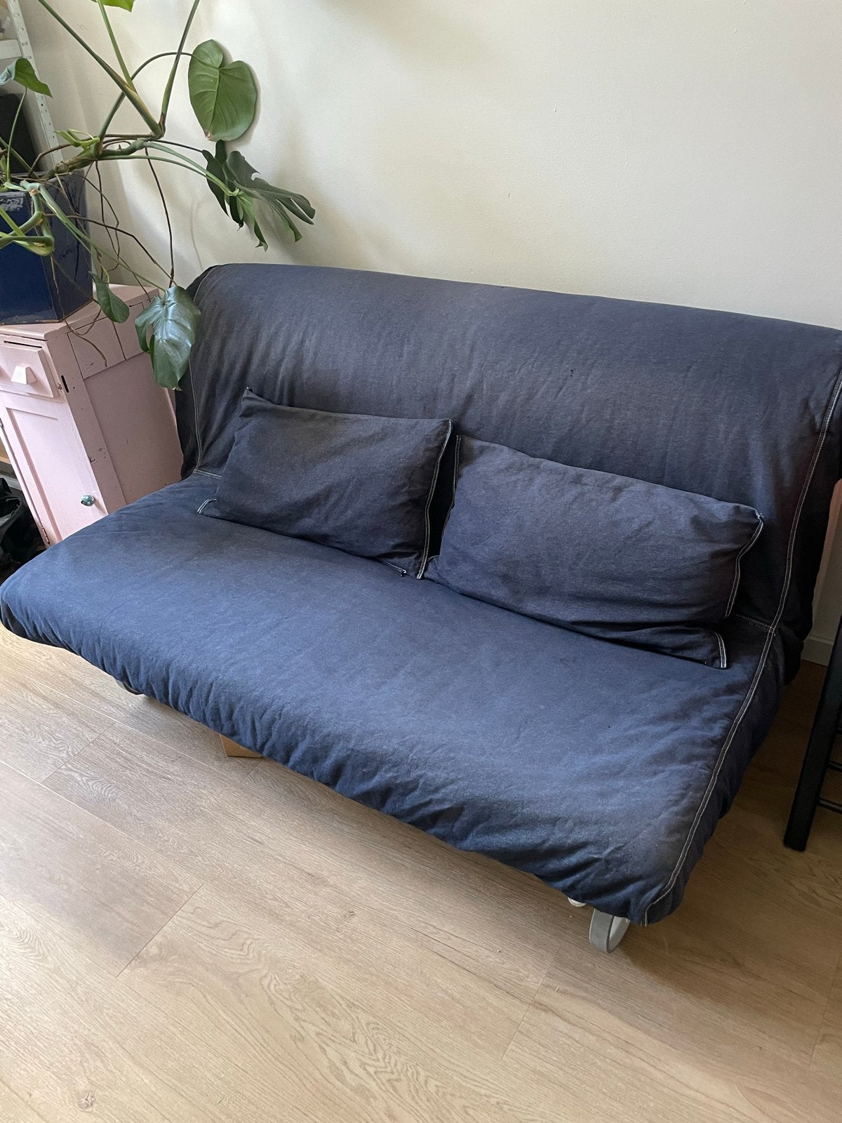 Donkerblauwe slaapbank Ikea beddinge, Gebruikt, Blauw, Tweepersoons, Ophalen of Verzenden
