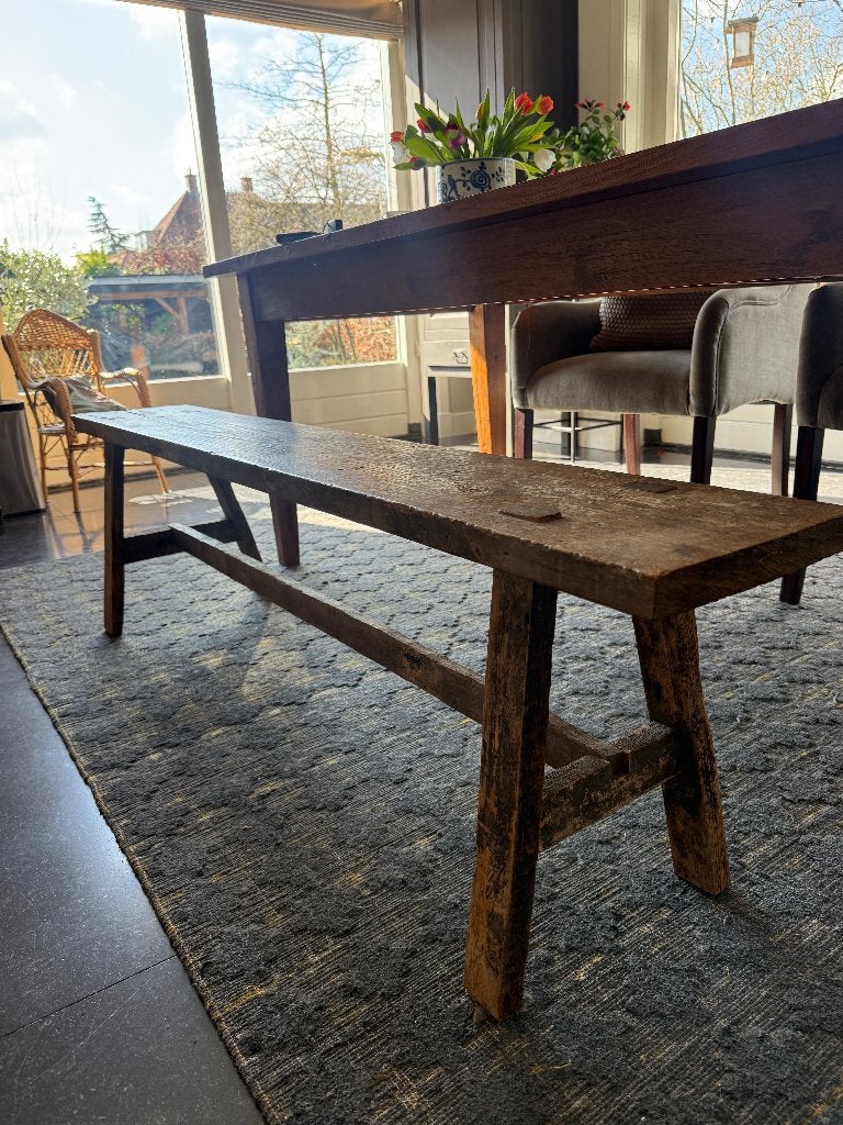 Antieke Houten bijzet bankje, Minder dan 75 cm, 150 tot 200 cm, Tweepersoons, Ophalen of Verzenden
