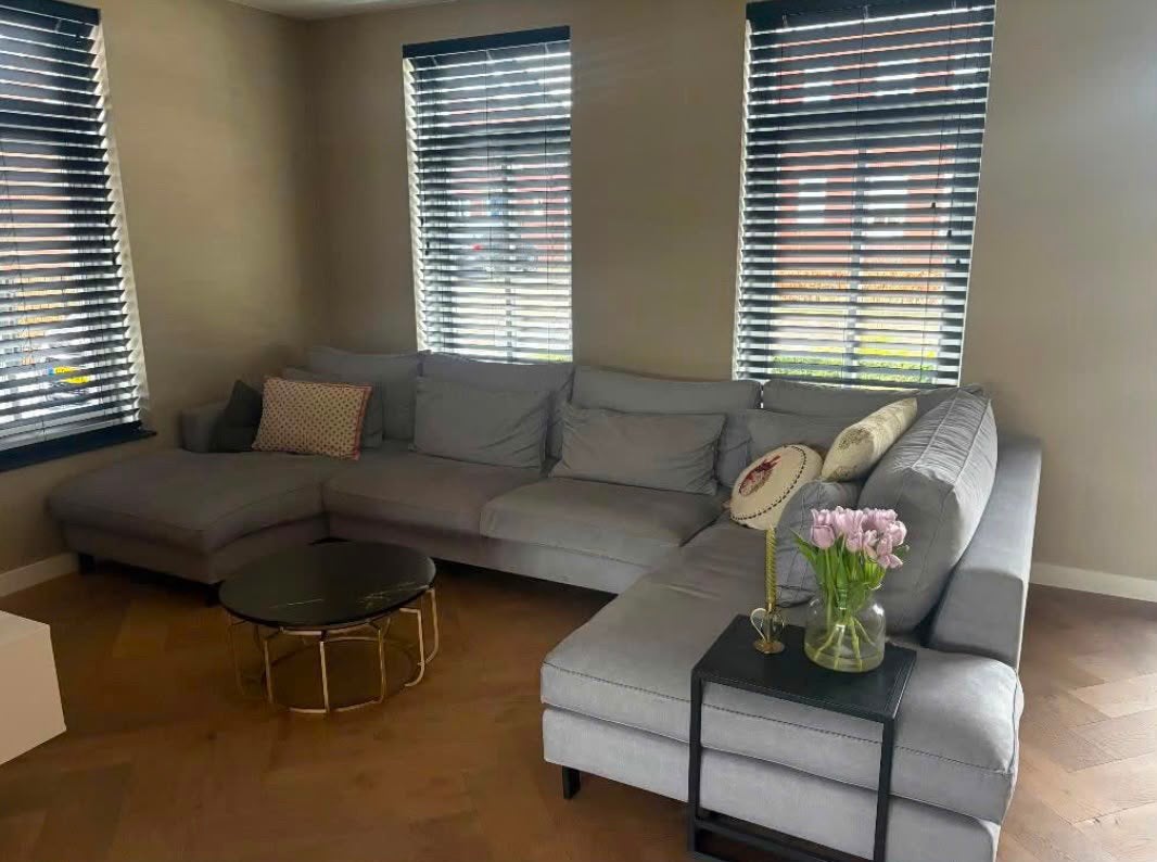 Grote grijze U-vormige bank met chaise longue, Ophalen of Verzenden, Gebruikt, Stof