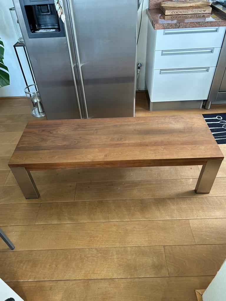 Stoere Notenhout tafel met metalen poten, Gebruikt, 100 tot 150 cm, 50 tot 100 cm, Minder dan 50 cm