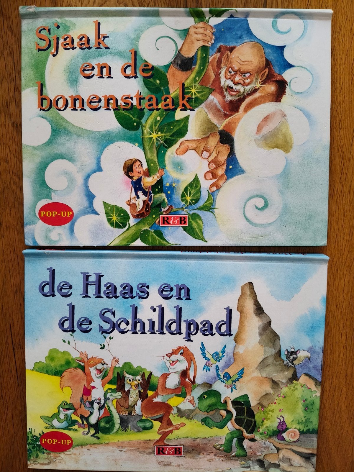 2x Pop-up De Haas en de Schildpad & Sjaak en de Bonensta, Boeken, Uitklapboek, Jongen of Meisje, Ophalen, Gelezen