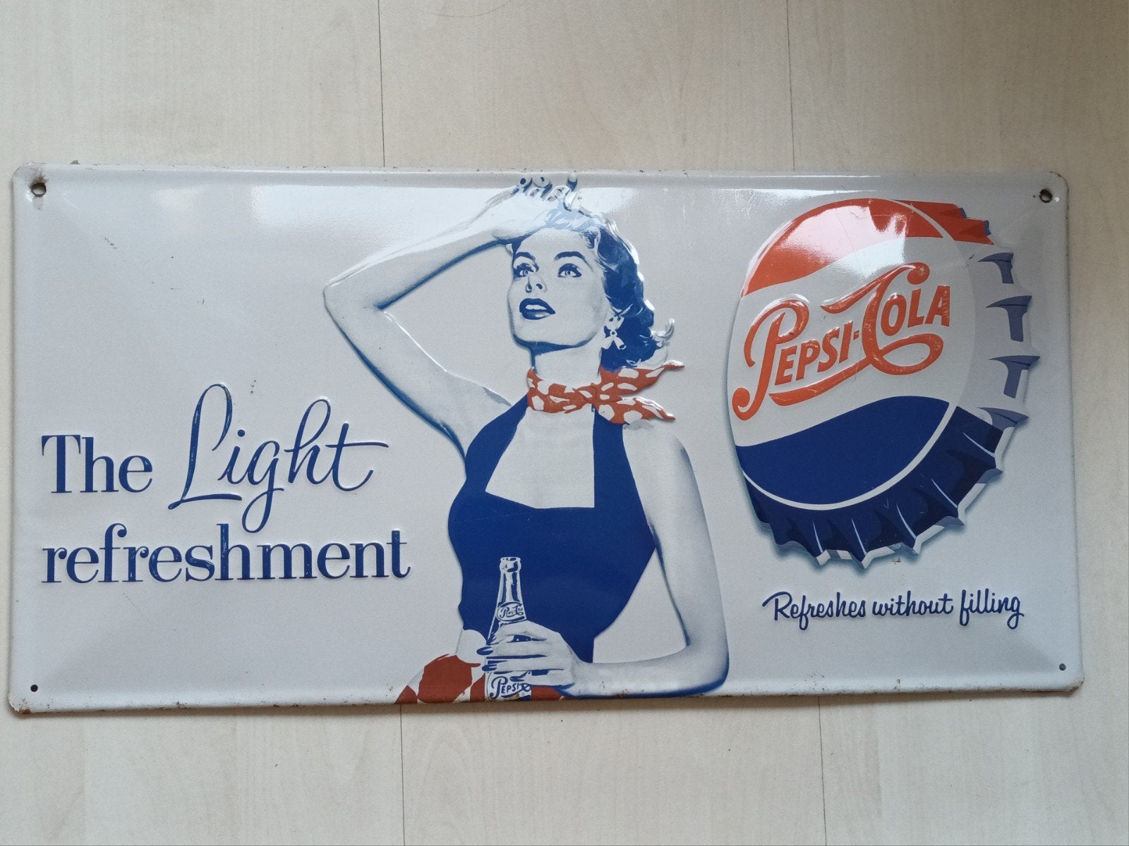 Vintage Pepsi-Cola reclamebord - The Light refreshment, Verzamelen, Ophalen of Verzenden, Gebruikt, Reclamebord