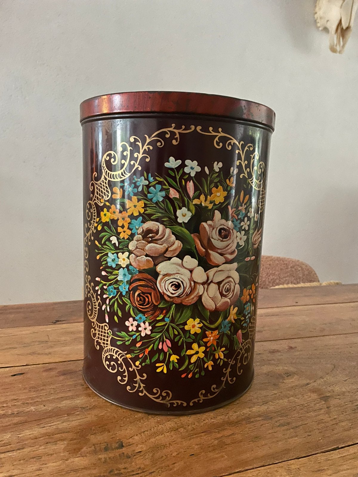 Mooi oud groot blik met bloemen, Ophalen of Verzenden, Gebruikt, Overige
