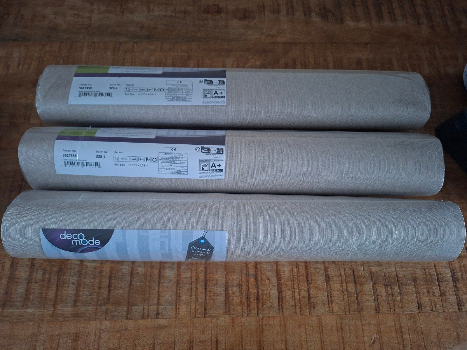 3 rollen vliesbehang Deco Mode - Beige met glitter, Huis en Inrichting, Ophalen, Materiaallook, Overige merken, Beige