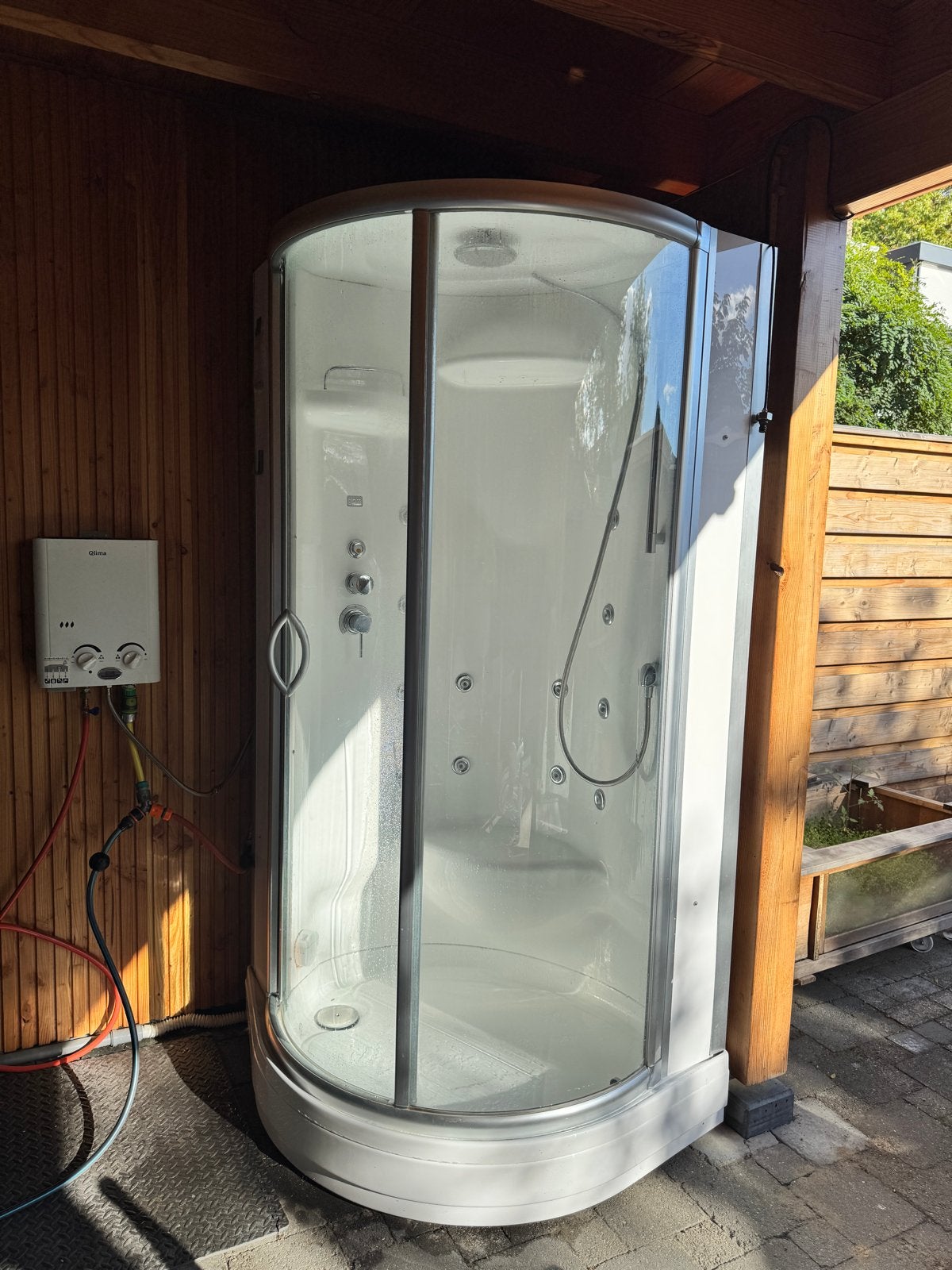 (Tijdelijke) Douchecabine met Qlima propaan geiser, Ophalen, Gebruikt, Glas, Douche