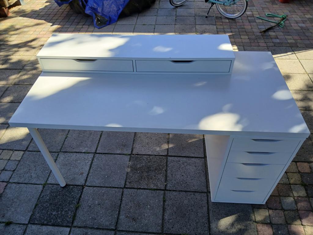 Wit bureau met ladekastje, Huis en Inrichting, Bureaus, Ophalen, Gebruikt