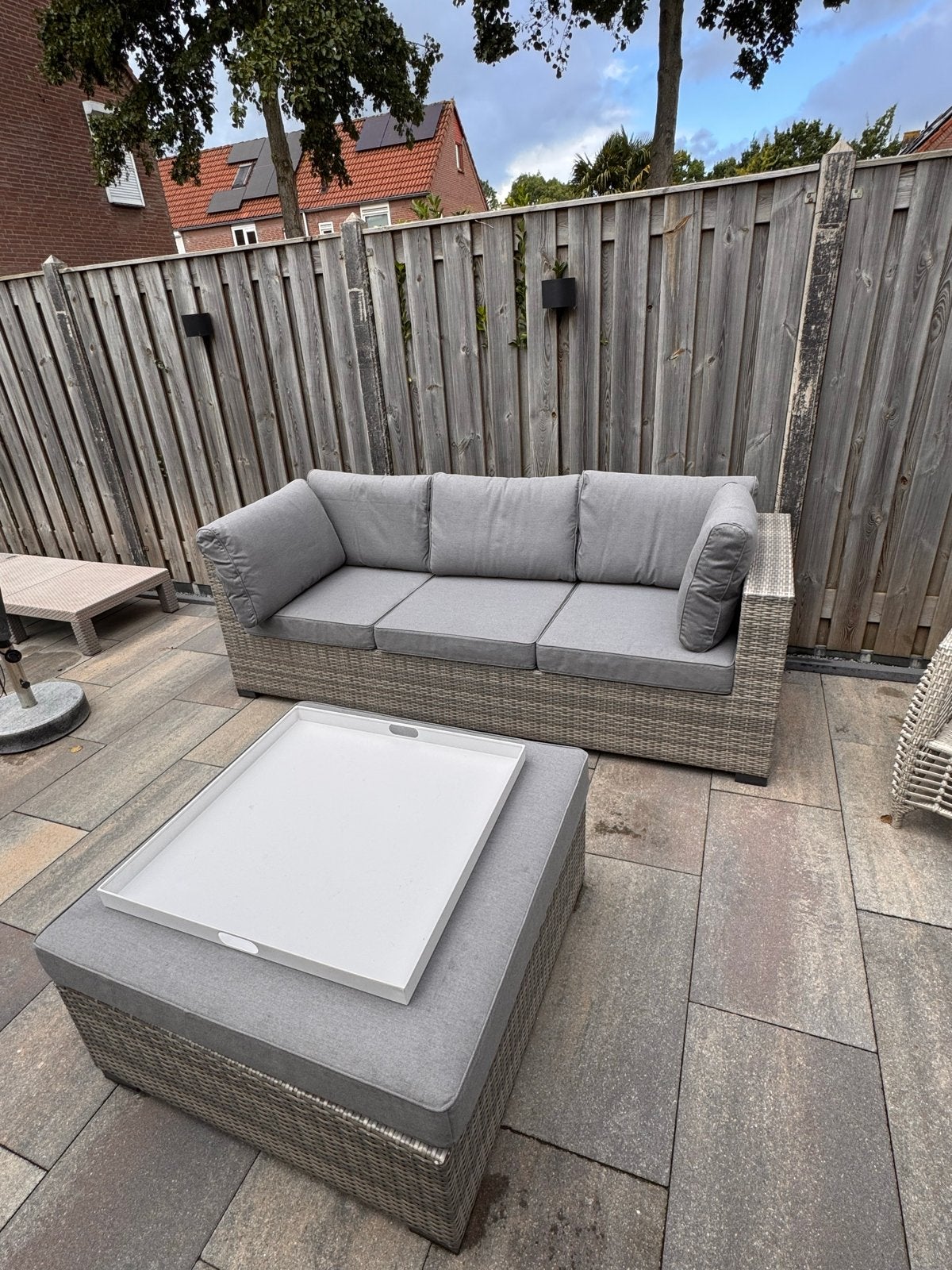 3-zits Wicker Loungeset met Hocker/Tafel en Kussens, Ophalen, Gebruikt, 3 zitplaatsen, Loungeset