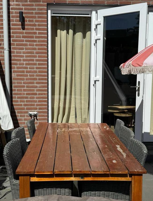 Le Sud tuinset met 6 wicker stoelen en houten tafel, Ophalen, Gebruikt, Eettafel, 6 zitplaatsen