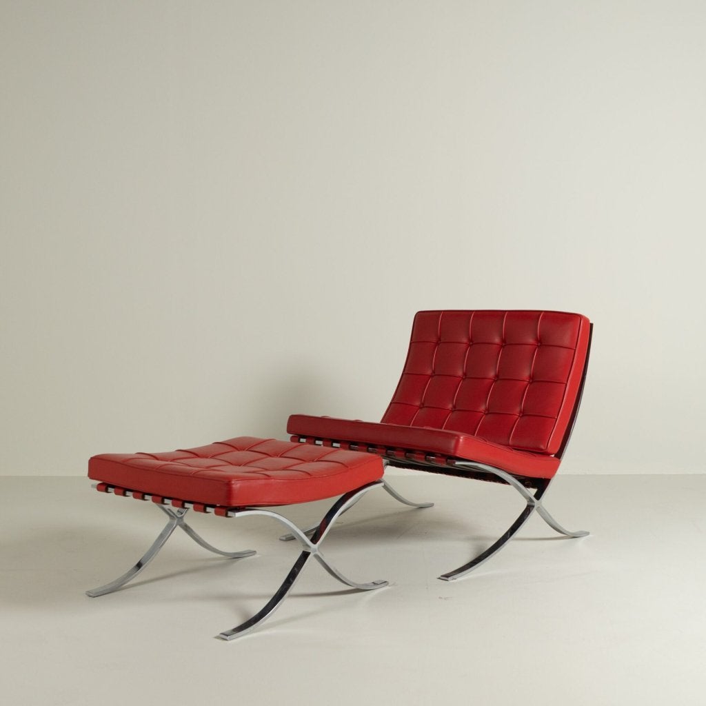 Knoll Barcelona Fauteuil Rood Leer + Hocker, Niet ingevuld, Minder dan 75 cm, Niet ingevuld, Zo goed als nieuw