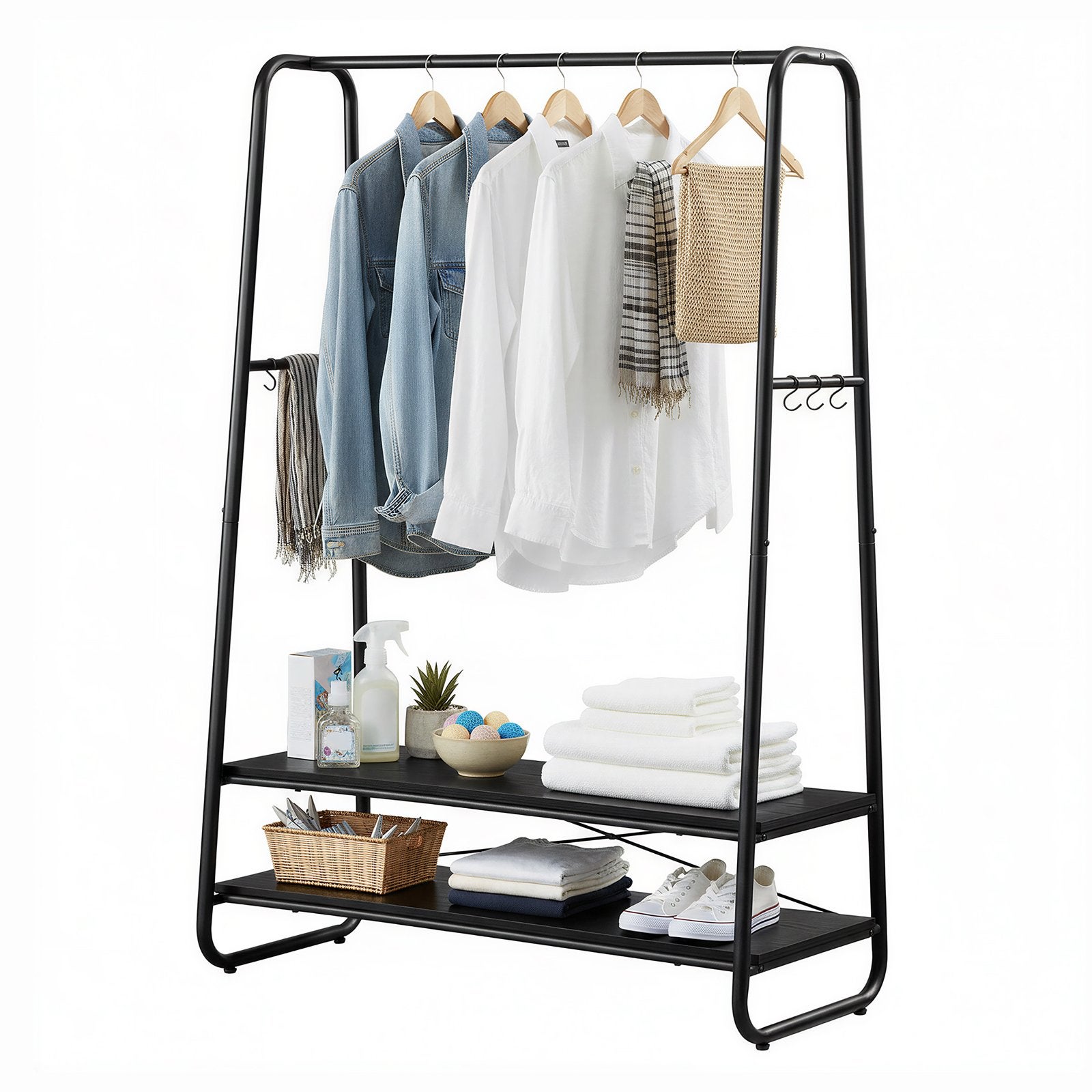 Kledingrek met 2 planken - Zwart metaal en hout, Kleding | Dames, Ophalen of Verzenden, Nieuw