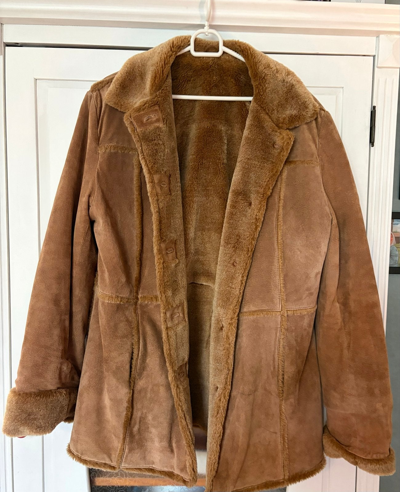 Bruine suède look jas met teddy voering - Maat 44, Ophalen, Gedragen, Maat 42/44 (L), Bruin