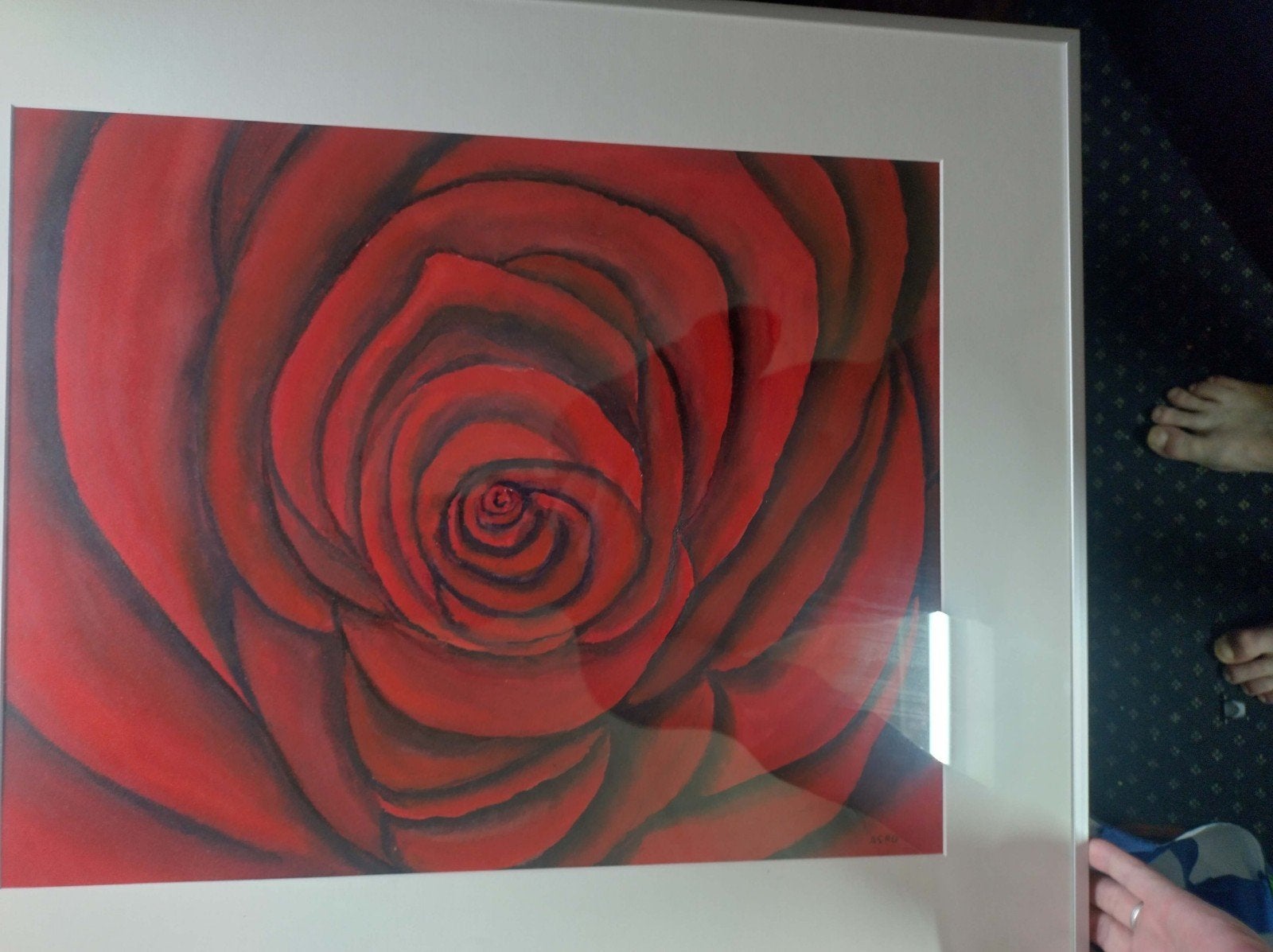 Originele Airbrush-Aquarel – Moderne Rode Roos Ingelijst, Ophalen, Papier/karton, Achter glas, Bloemen