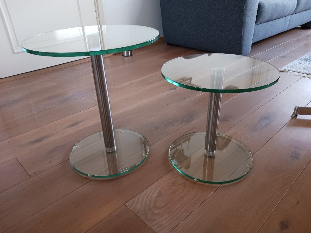 Set van 2 Helderr glazen bijzettafels, Minder dan 55 cm, Rond, Modern, minimalistisch, Ophalen