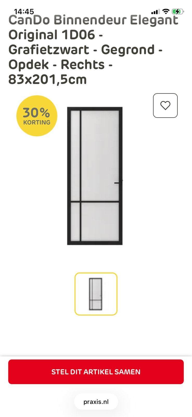 Nieuwe staallook binnendeur met rookglas afm 201,5x 78 cm, Ophalen, Minder dan 80 cm, Binnendeur, Zo goed als nieuw