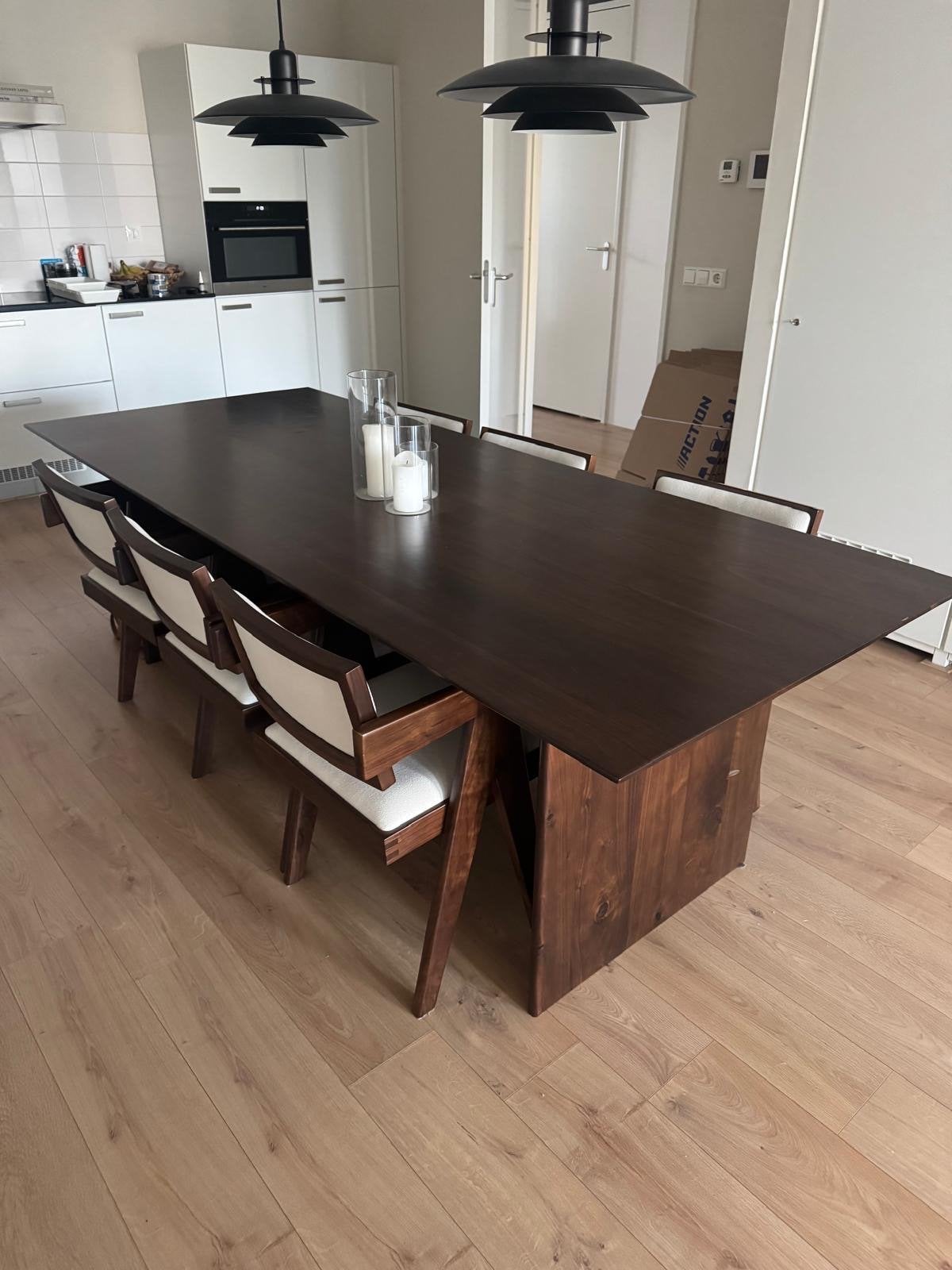 Massief walnoot eettafel (260x100) & 6 stoelen - Studio Moda, Huis en Inrichting, Tafels | Eettafels, Ophalen, Gebruikt, 200 cm of meer
