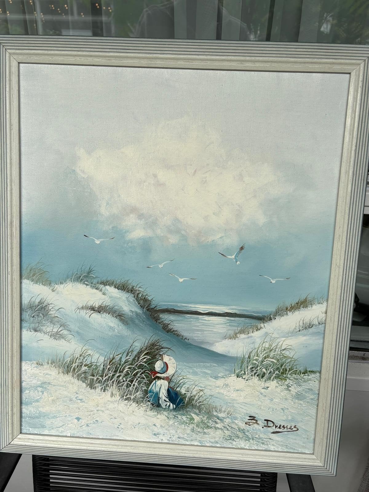 €5,-Schilderij: Duinlandschap met zee en persoon, Antiek en Kunst, Ophalen, Doek, Realistisch, Landschap
