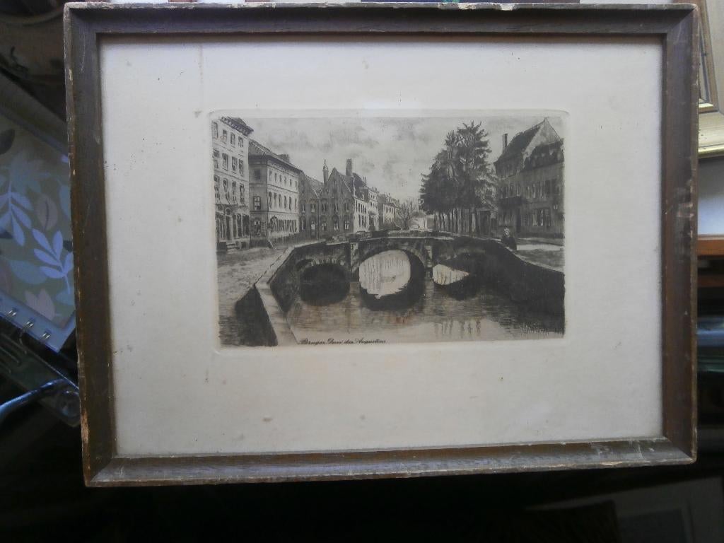 Brussel, Klein etsje Augustinusbrug gebr glas, Antiek en Kunst, Kunst | Etsen en Gravures, Ophalen