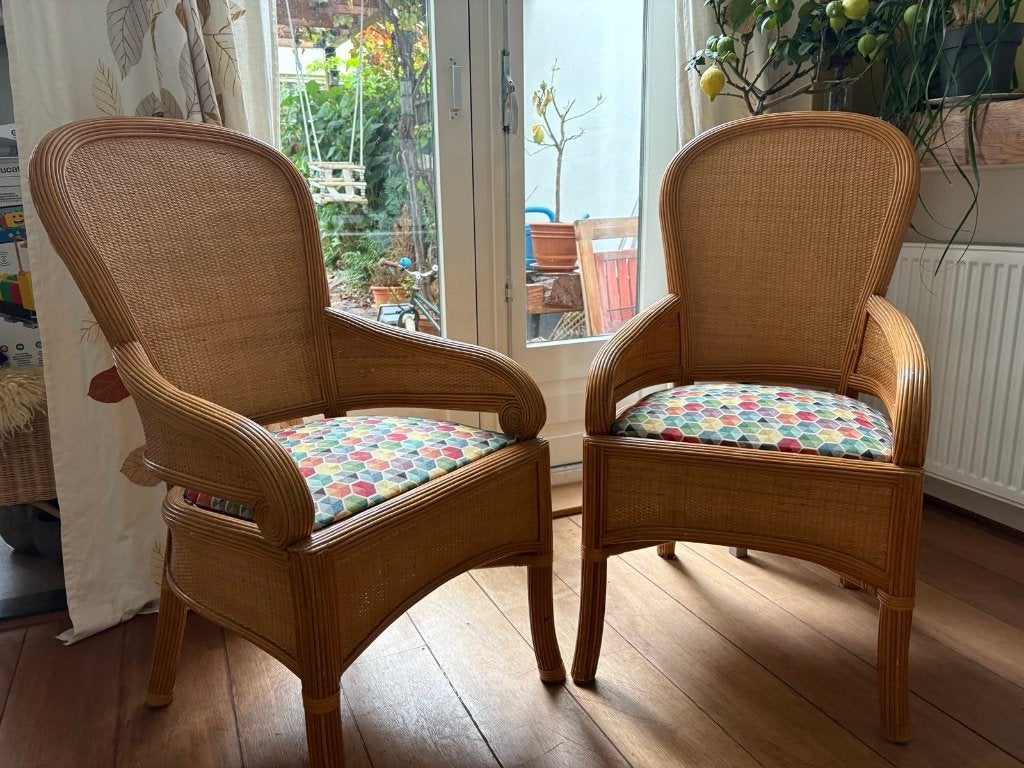 4 rotan stoelen / rattan chairs, Ophalen, Gebruikt, Bruin, Riet of Rotan