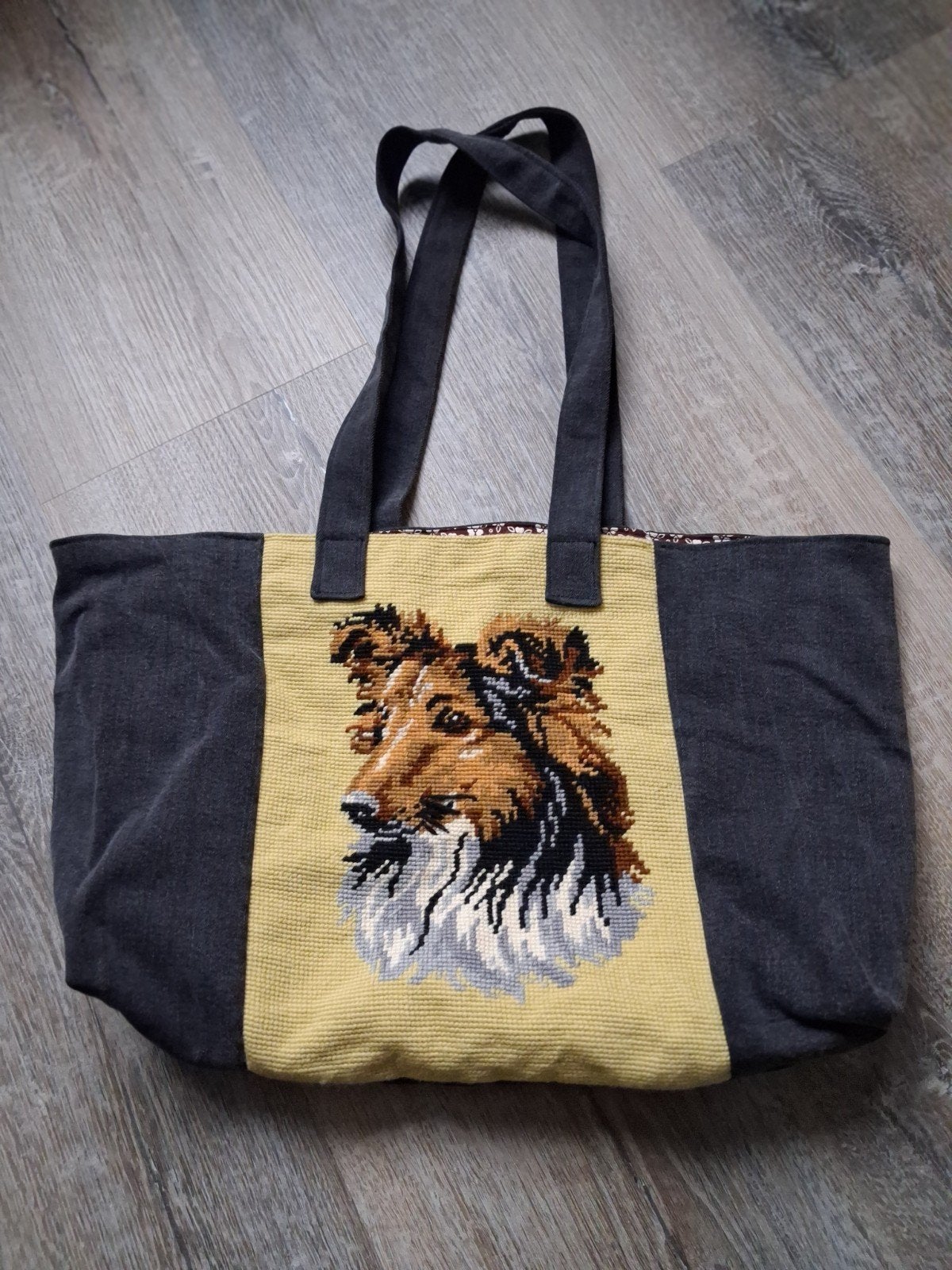 handgemaakte zwarte tas met geborduurde hond (collie), Ophalen of Verzenden, Nieuw, Zwart, Shopper