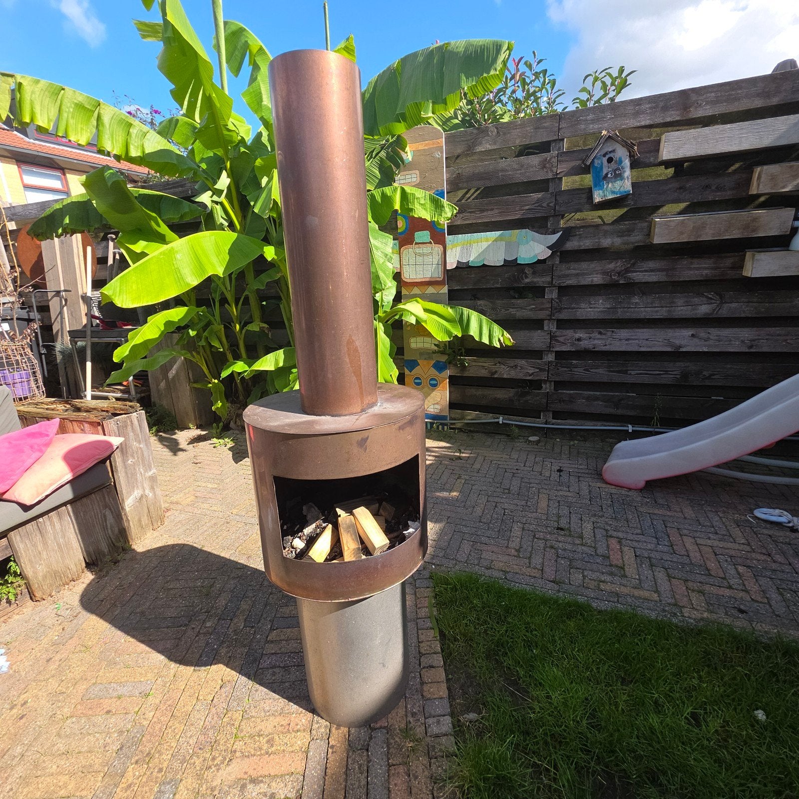 Stijlvolle rvs vuurhaard voor een Gezellige Tuin, Ophalen of Verzenden, Gebruikt, Vuurton