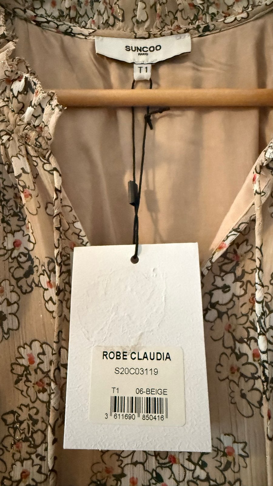 Suncoo Robe Claudia Beige Bloemen Jurk Maat 36 (S), Maat 38/40 (M), Beige, Nieuw, Ophalen of Verzenden