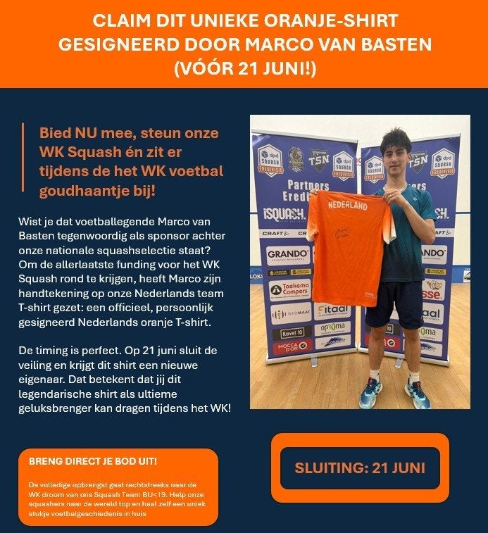 Gesigneerd Nederlands squashshirt door Marco van Basten!, Ophalen, Maat 48/50 (M), Nieuw, Oranje