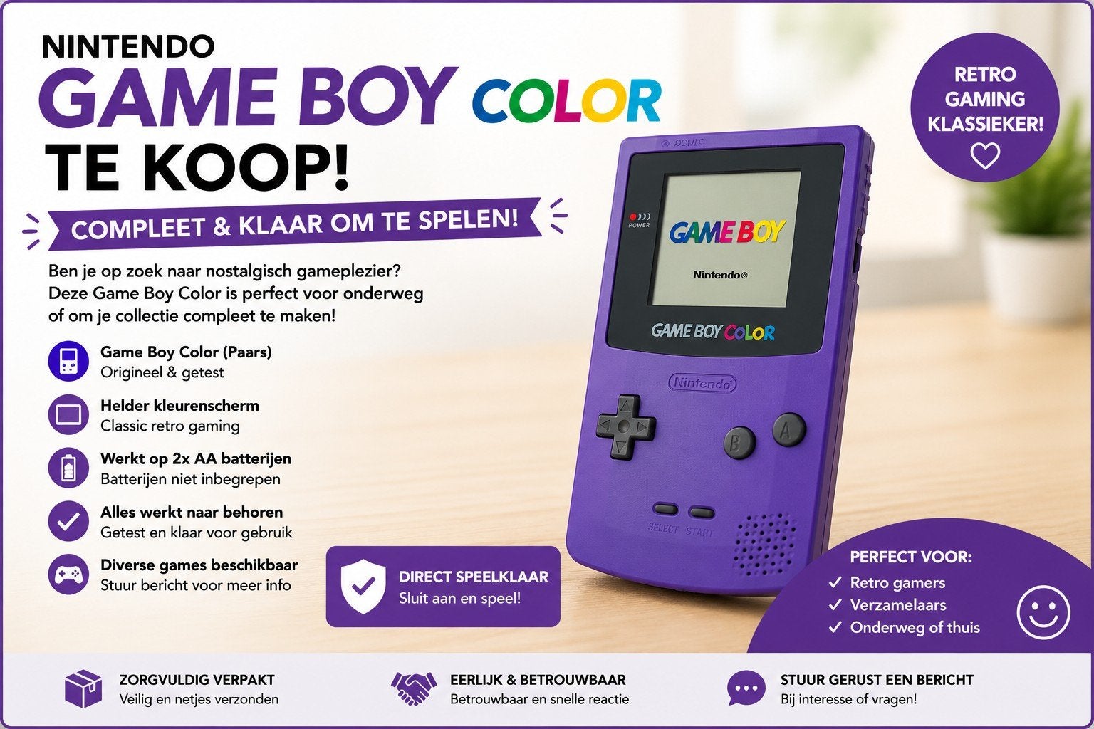 Game Boy Color Paars te Koop – Echte Retro Klassieker!, Spelcomputers en Games, Spelcomputers | Nintendo Game Boy, Ophalen of Verzenden