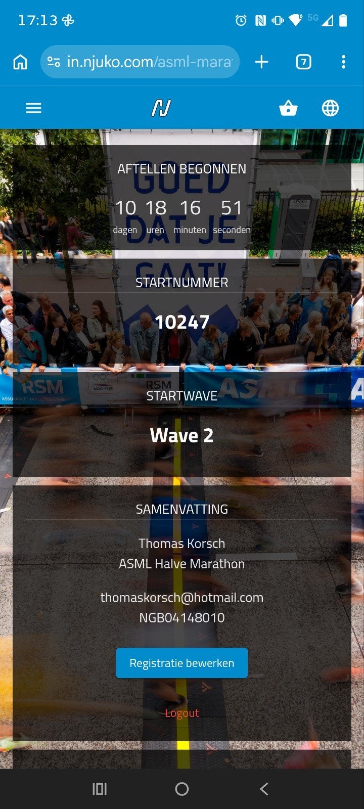 startbewijs halve marathon Eindhoven, Eén persoon