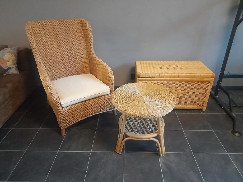 Rotan meubelen: zetel, bijzettafel en kist, Ophalen of Verzenden