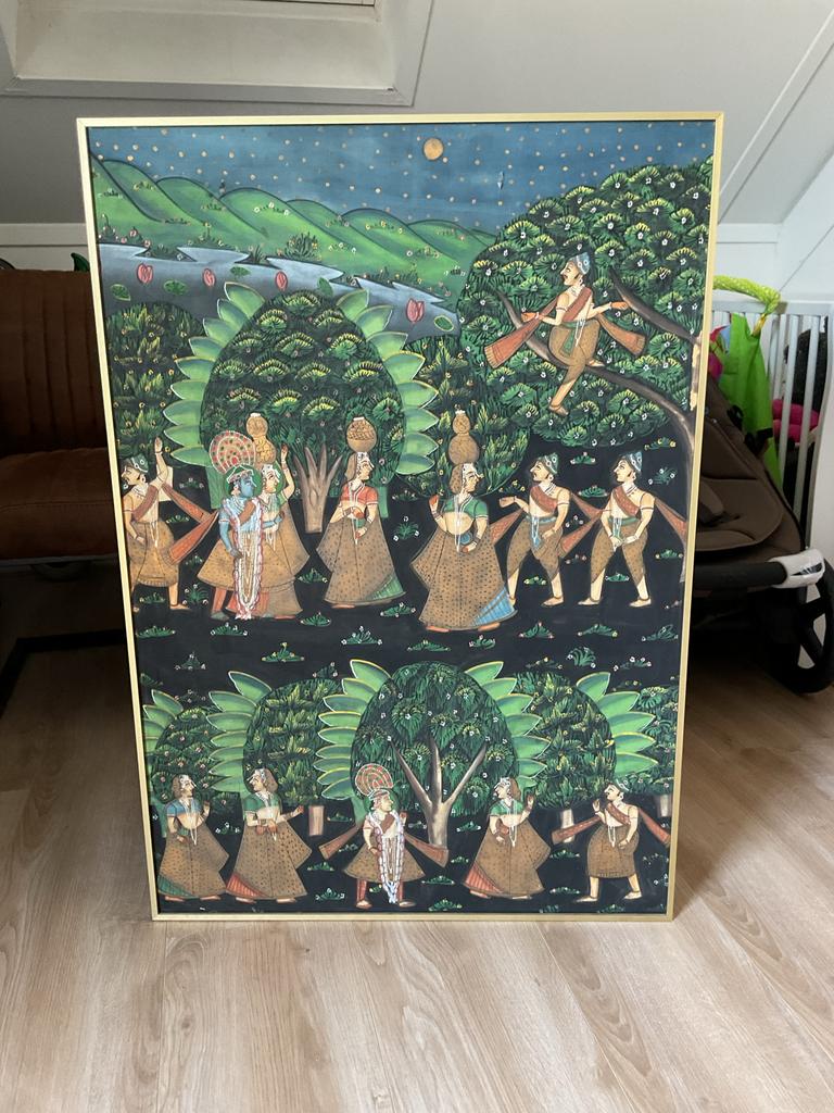 Groot Oosters Schilderij - Scène met figuren en landschap, Ophalen