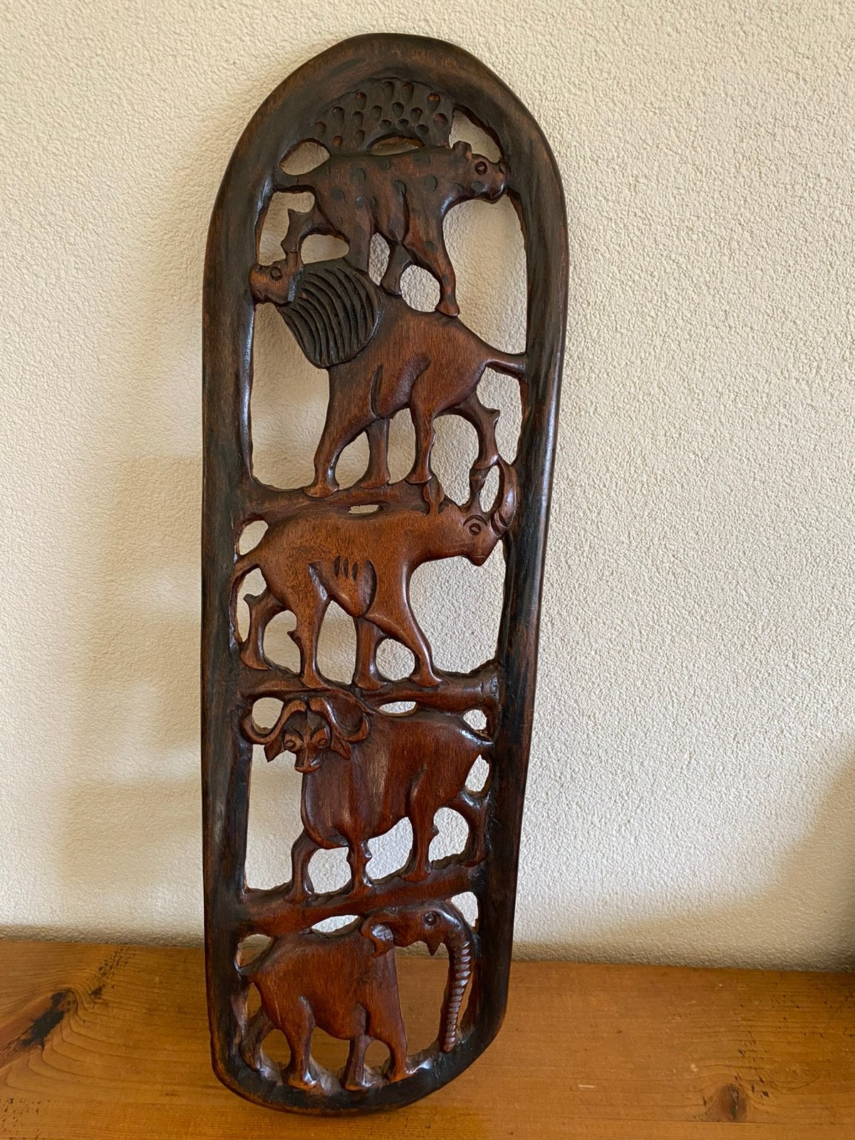 Afrikaans houtsnijwerk dieren - wanddecoratie, Antiek en Kunst, Kunst | Beelden en Houtsnijwerken, Ophalen of Verzenden, Hout