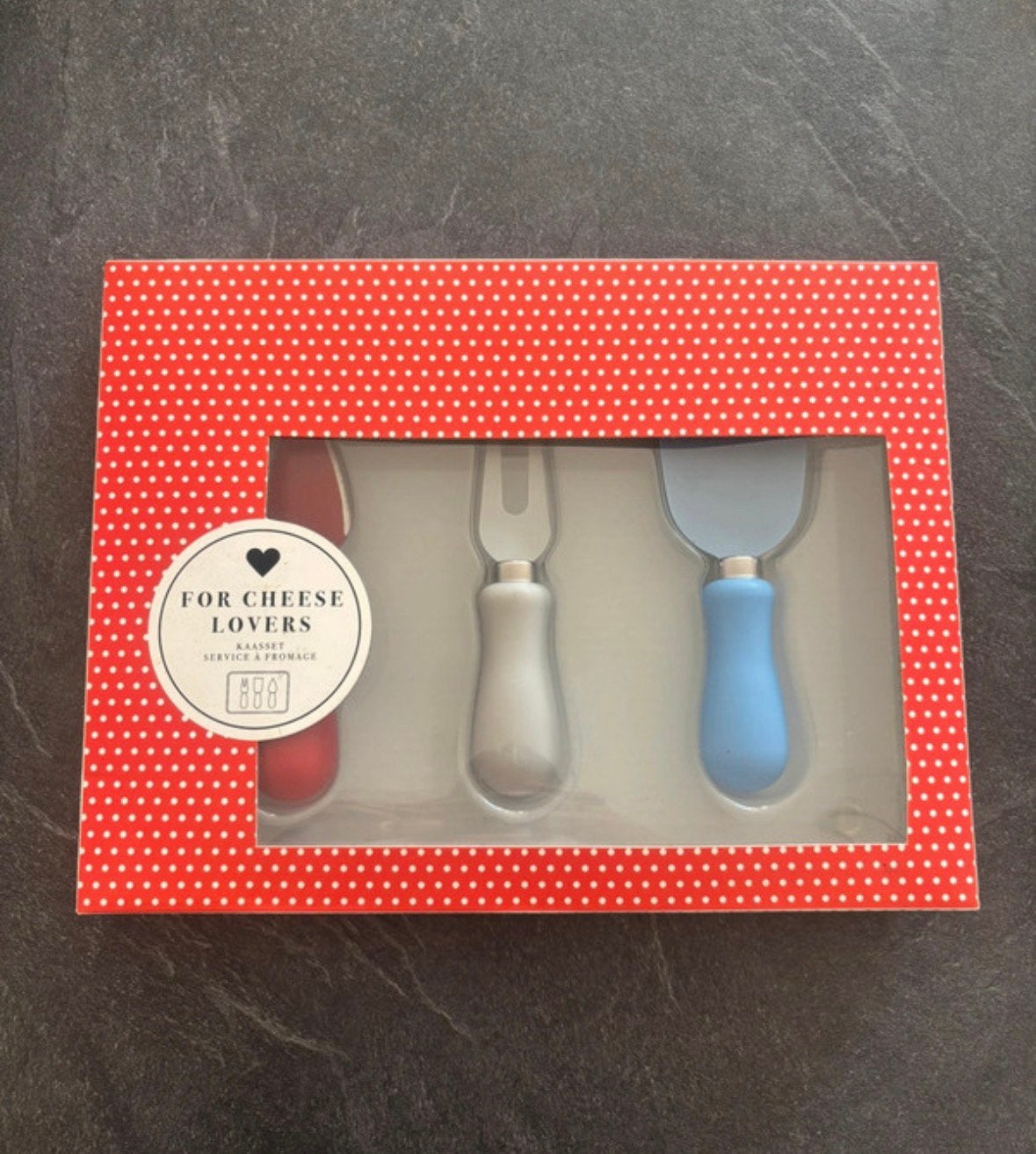 Kaas servies mesjes met glazen serveerplank, Ophalen, Zo goed als nieuw, Rvs of Chroom