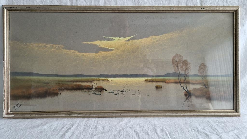 Schilderij Waterlandschap zon achter wolken(vuurvogel) SCH17, Antiek en Kunst, Kunst | Schilderijen | Klassiek, Ophalen of Verzenden