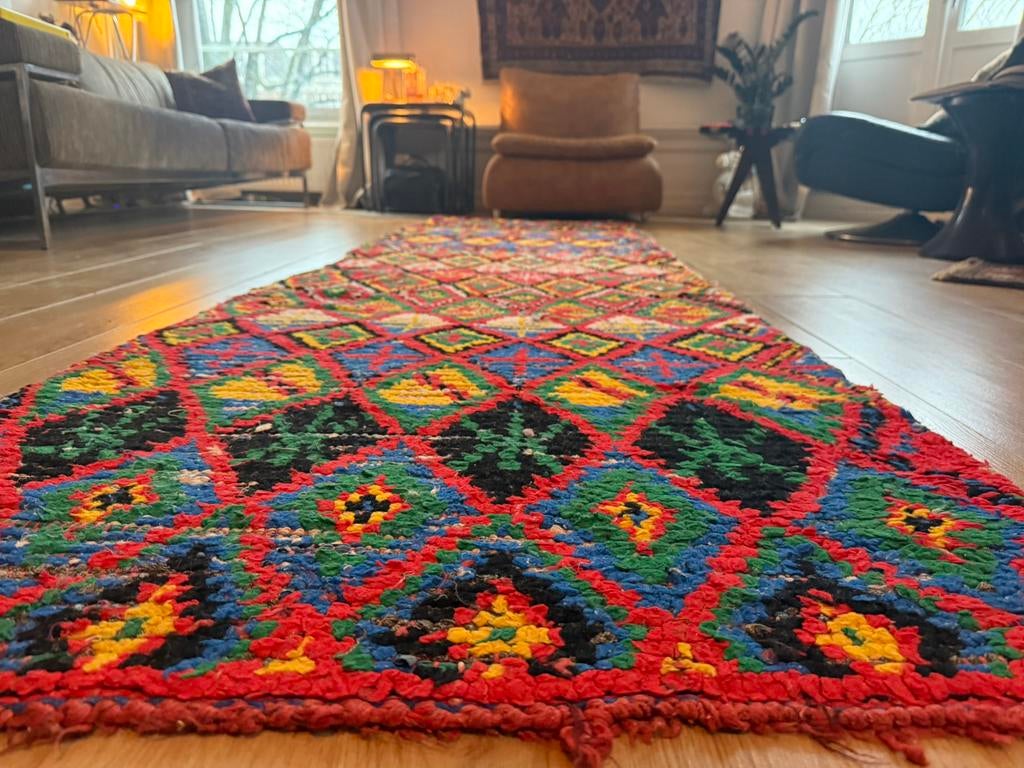 Vintage Marokkaanse loper 326 x 86 cm – kleurrijk & grafisch, Gebruikt, Info@bababoho.com, Crème, Grafisch • Bohemian • Mid-century • Eclectisch