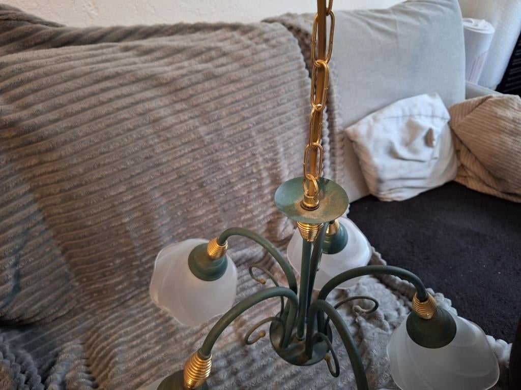 Groene hanglamp met glazen bloemen, Gebruikt, Onbekend, Ophalen of Verzenden, Onbekend