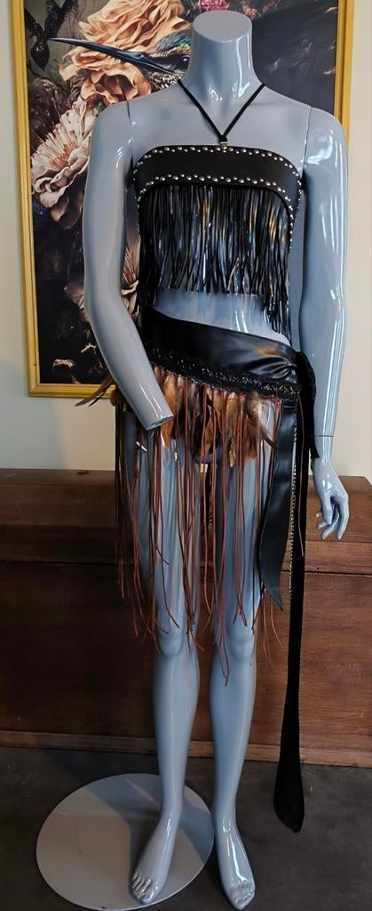 Fetish Leren Setje met Franjes en Veren - One Size, Maat 38/40 (M), Custom Made, Nieuw, Ophalen of Verzenden