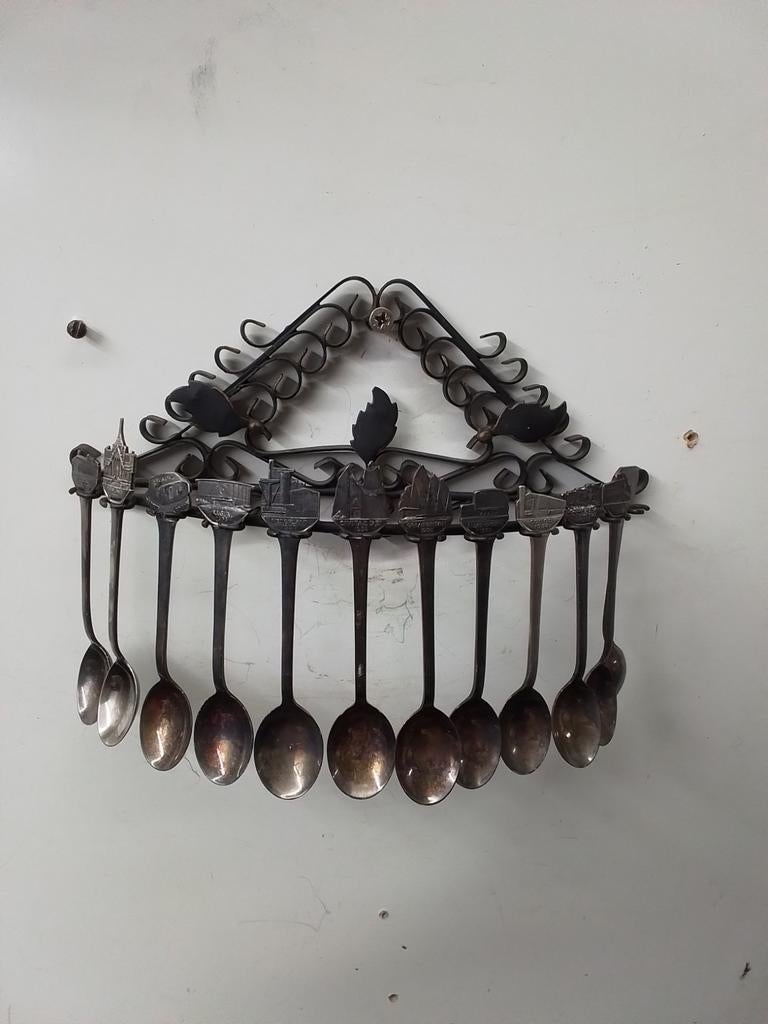7939) antieke 12 delige  lepelset  Expo Brood  met rek geste, Ophalen of Verzenden, Zilver