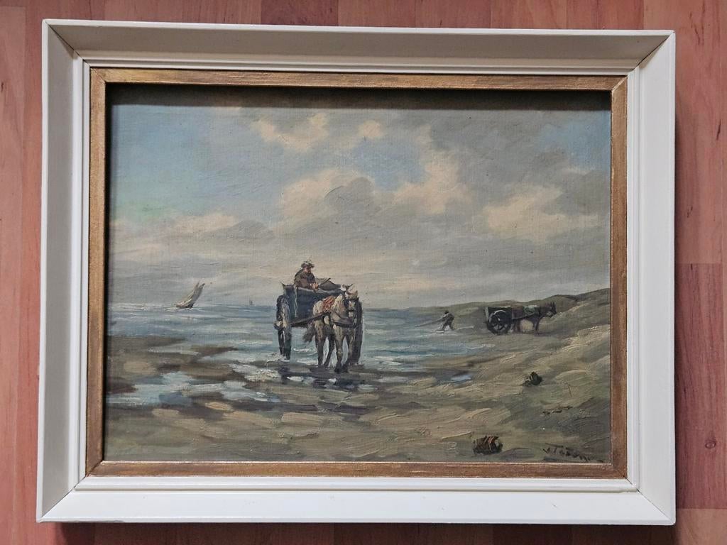 Olieverf Schilderij: Paard en Wagen op Strand, Ophalen of Verzenden