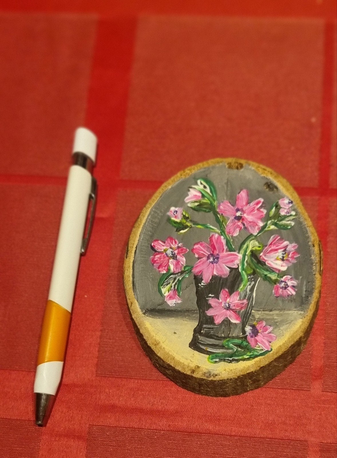 Handgeschilderd bloemstuk op houten schijf, Ophalen
