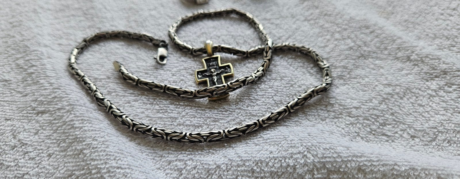 Zilveren Kruisketting met Vossenstaartvlechtwerk en Ringen, Sieraden, Tassen en Uiterlijk, Kettingen, Zilver, Zilver, Ophalen of Verzenden