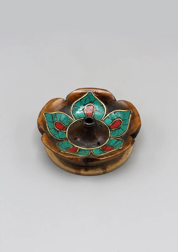 Wierookhouder met ingelegde turkooise lotus, Verzenden, Nieuw, Nepalhandwerk.nl, Hout