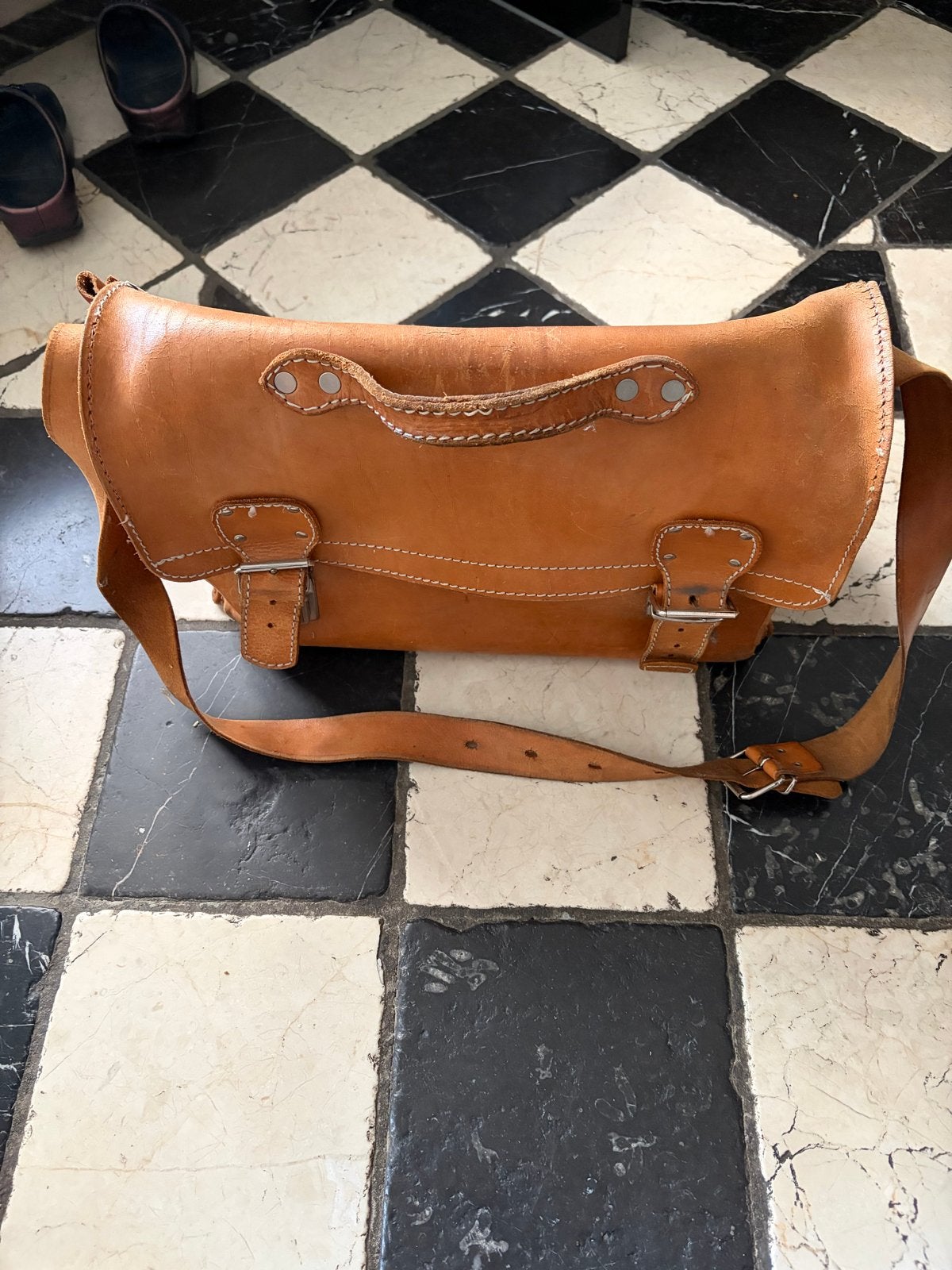 Vintage Echt Lederen Boekentas - Old School Stijl, Ophalen, Gebruikt, Bruin, Aktetas of Boekentas