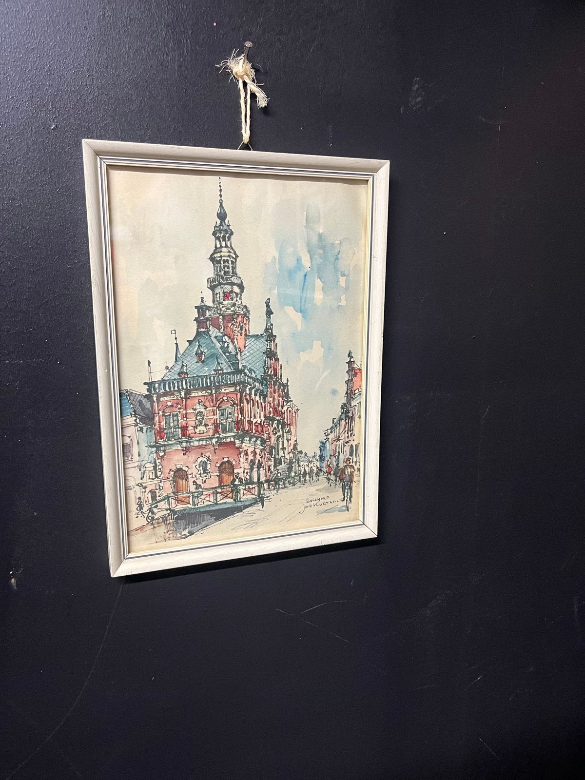 Oude Prent Bolsward Stadhuis - Jan Korthals Aquarel, Antiek en Kunst, Kunst | Tekeningen en Foto's, Ophalen of Verzenden